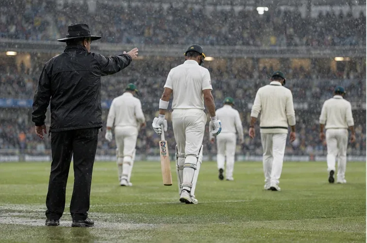An umpire signals a rain delay as players in white cricket clothing walk off a wet field.