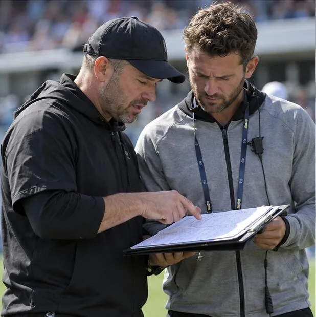 Two rugby coaches review a handwritten match record on a clipboard at the sideline, representing a check of scores for and against across pool games.