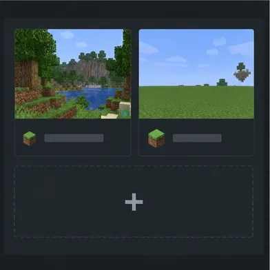 A Minecraft-style world list showing an existing saved world beside an empty test-world tile and a create control.