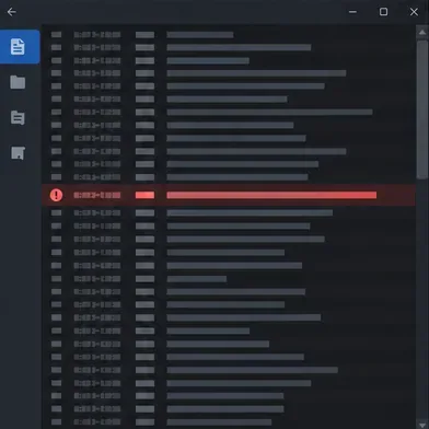 A log viewer with many rows and one highlighted exception line.