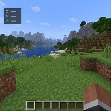 A first-person Minecraft-style view with an X, Y, and Z coordinate HUD over a grassy river landscape.