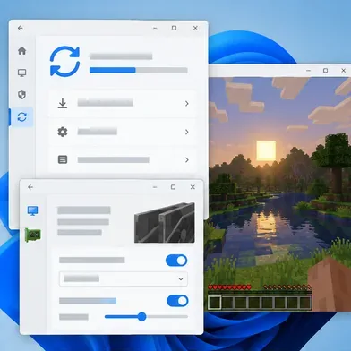 Desktop update and graphics settings windows displayed next to a Minecraft game preview.