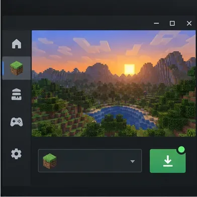 A Minecraft-style launcher window with a version selector and a download or update control.