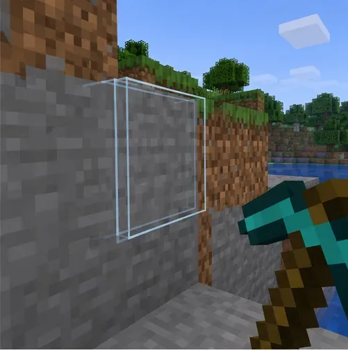 A pickaxe points toward a stone block surrounded by two slightly offset selection outlines.