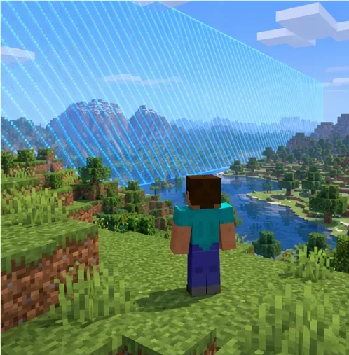 A player stands inside a landscape as a translucent blue world-border plane crosses the horizon.