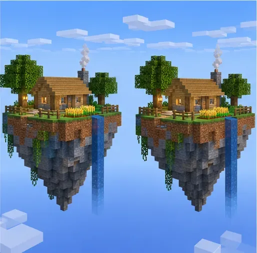 Two matching floating block islands with small houses sit side by side against a blue sky.