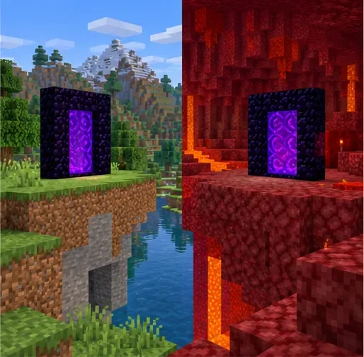 Two obsidian portals stand in different block landscapes, one near water and one in the Nether.