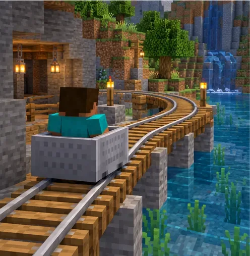 A minecart follows a curved rail beside a block-built water channel.