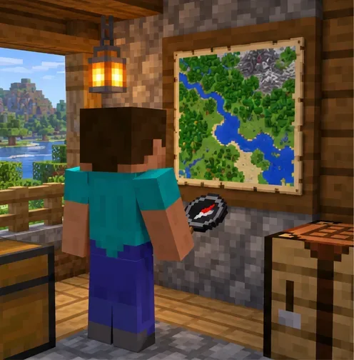 A player checks a wall map with a compass in a block-built home.