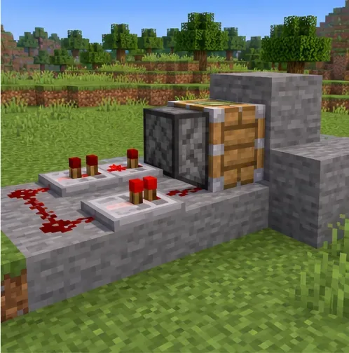 A compact redstone circuit with repeaters and a piston sits on a stone platform.