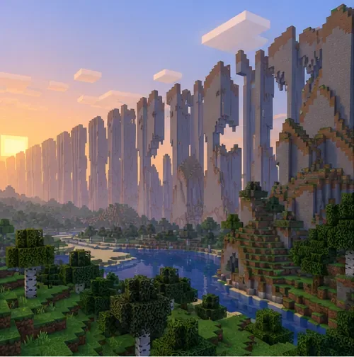 A block-built landscape bends into a tall, jagged wall beyond a valley at sunrise.