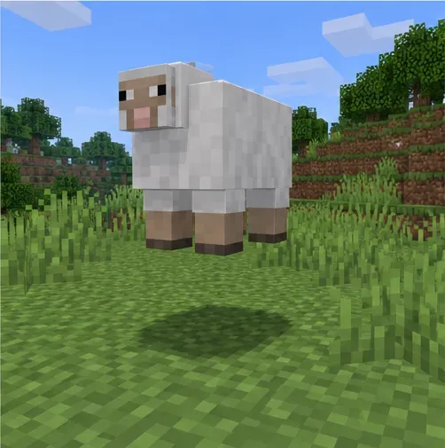 A white sheep appears slightly above the grass while its shadow remains on the ground.
