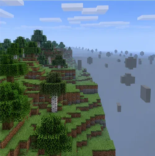 A forested terrain edge gives way to distant chunks that appear only partly rendered.