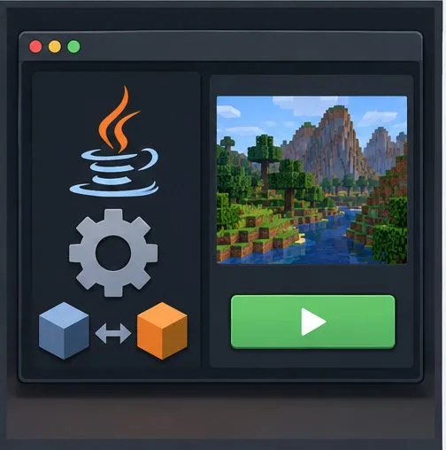A Java symbol and settings gear sit beside a game launch window and version-mismatch blocks.