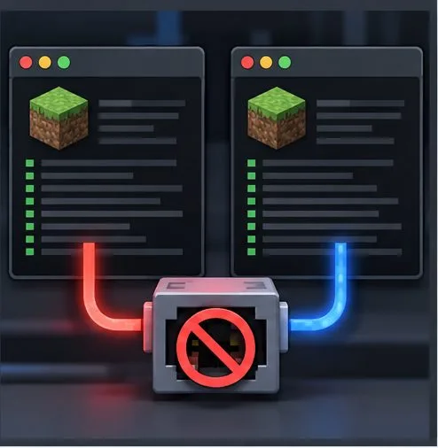 Two server panels connect toward one port icon marked as unavailable.