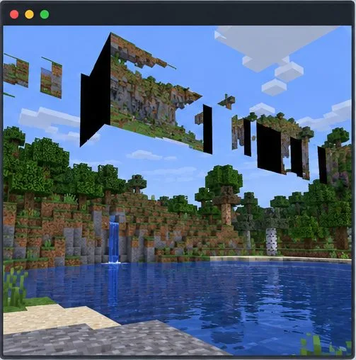 A blocky landscape appears broken into floating terrain fragments and black gaps.
