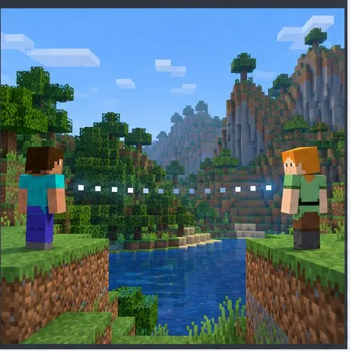 Two player avatars stand across a river with a dotted line between them.
