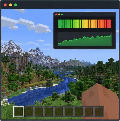 A block-game landscape sits beside a rising memory graph and a colored capacity meter.