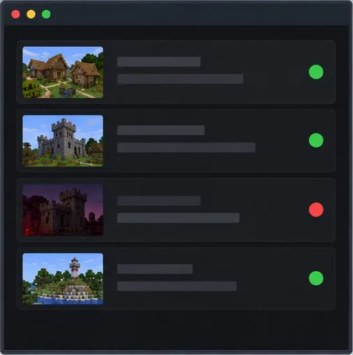 A server-monitor style list shows three green statuses and one red stopped status.