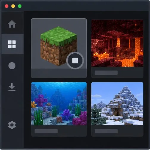 A launcher-style window shows several world tiles and one stopped indicator.