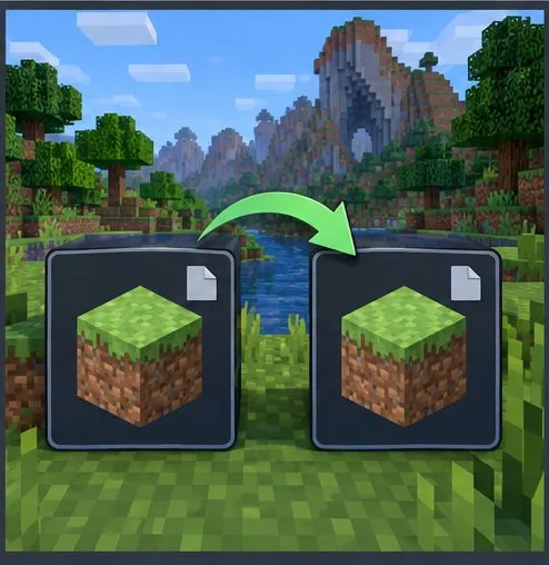 Two save-file icons show a green arrow from an original world to a duplicate copy.