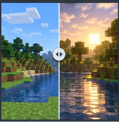 The same blocky valley appears in a plain daylight view and a warmer shader-lit view.