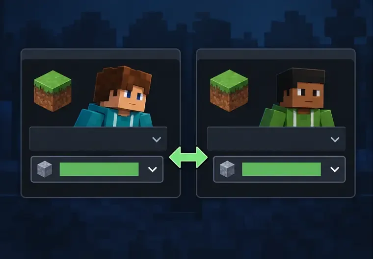 Two Minecraft profile cards show matching game-version indicators side by side.