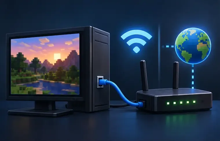 A computer is connected by Ethernet to a router, with Wi-Fi and internet symbols nearby.