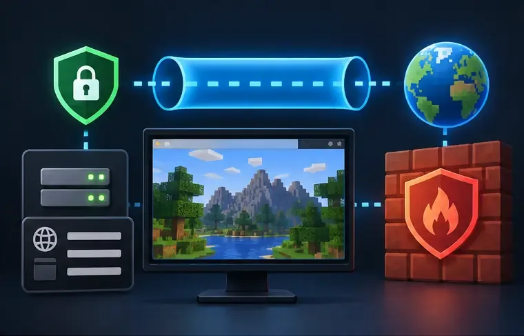 A firewall shield, a VPN tunnel, a DNS panel, and a Minecraft game window are arranged as network checks.