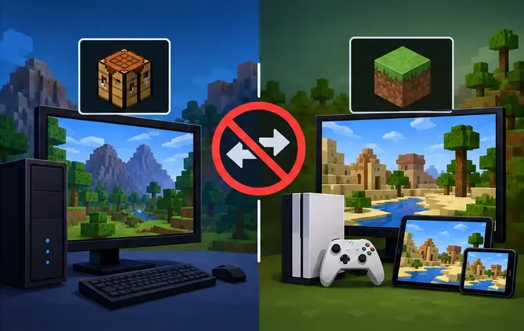 A desktop Java-style Minecraft setup and console and mobile Bedrock-style devices are shown on opposite sides of a no-connection symbol.