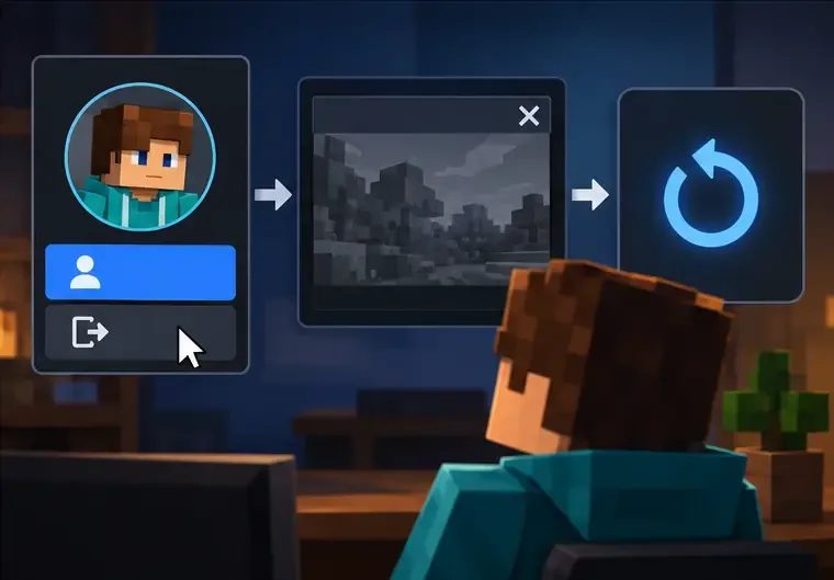 An account sign-out control, a closed Minecraft window, and a restart symbol appear in sequence.