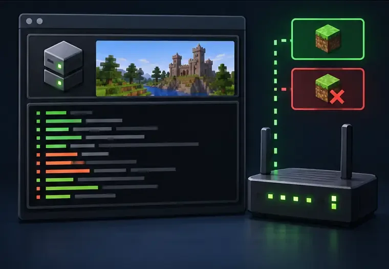 A server console with status lines sits beside a router and green and red connection indicators.