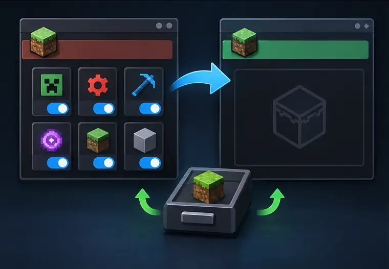 A modded Minecraft launcher profile is separated from a clean vanilla profile for comparison.