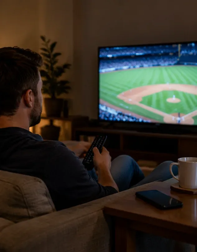 A baseball viewer sits on a couch holding a television remote, with a baseball field visible on the screen and a phone on the table.
