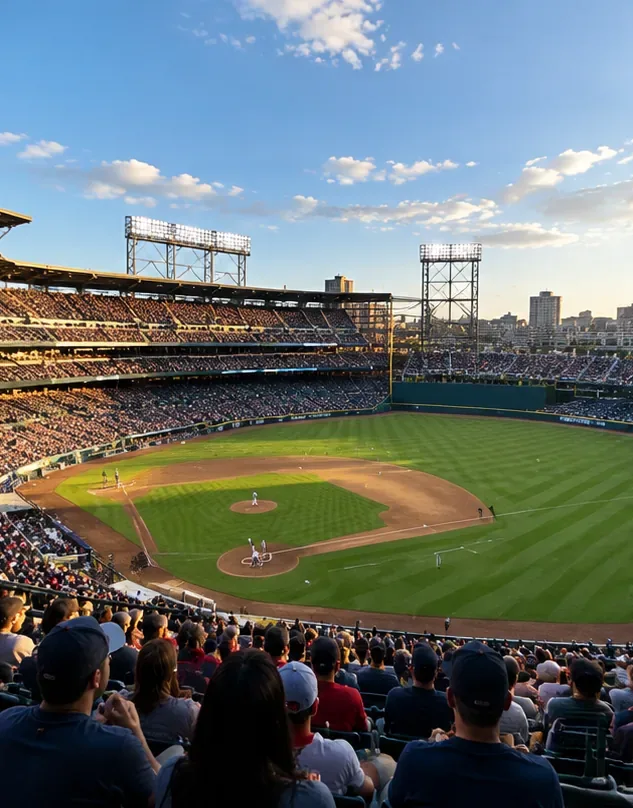 Fans overlook a sunlit professional baseball field from the upper deck, with outfield seating and stadium light towers visible.