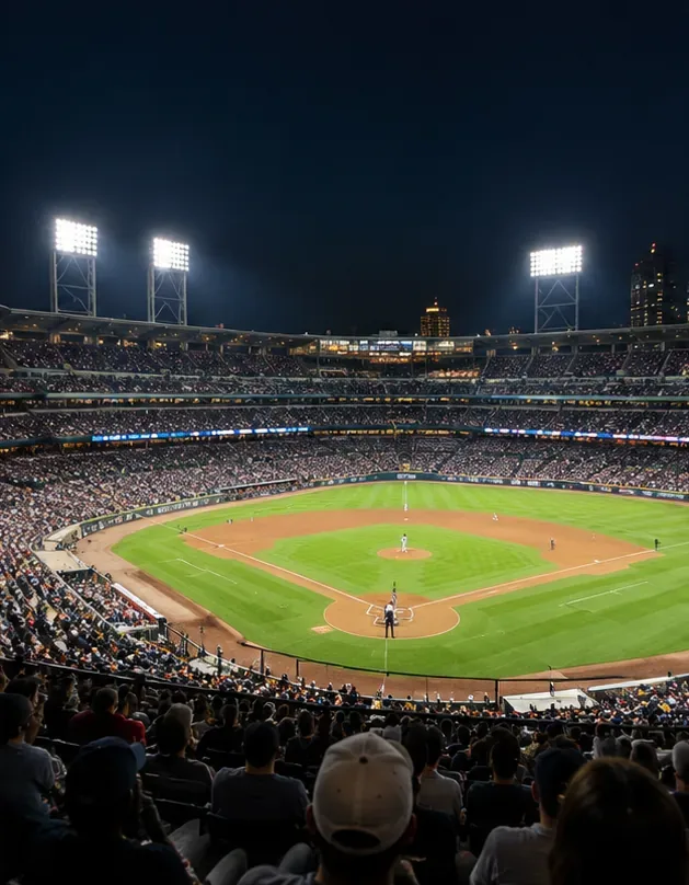Crowded baseball stands face an illuminated diamond at night beneath stadium floodlights and a dark sky.