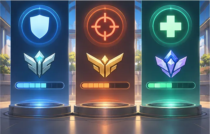 Aparte symbolen voor Tank, Damage en Support, met individuele voortgangsbalken voor de competitieve ranglijst.