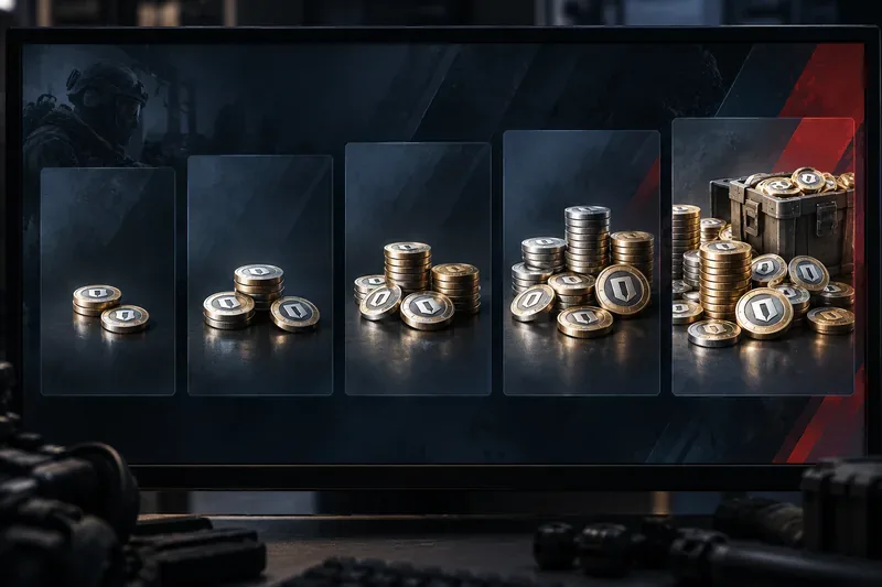 Dark tactical game-store screen with five unlabeled cards and coin stacks that grow from the smallest pack to the largest