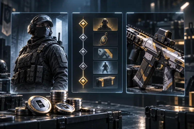 Three store-style cards depict an operator, a season reward track, and a weapon cosmetic, with premium currency tokens in the foreground