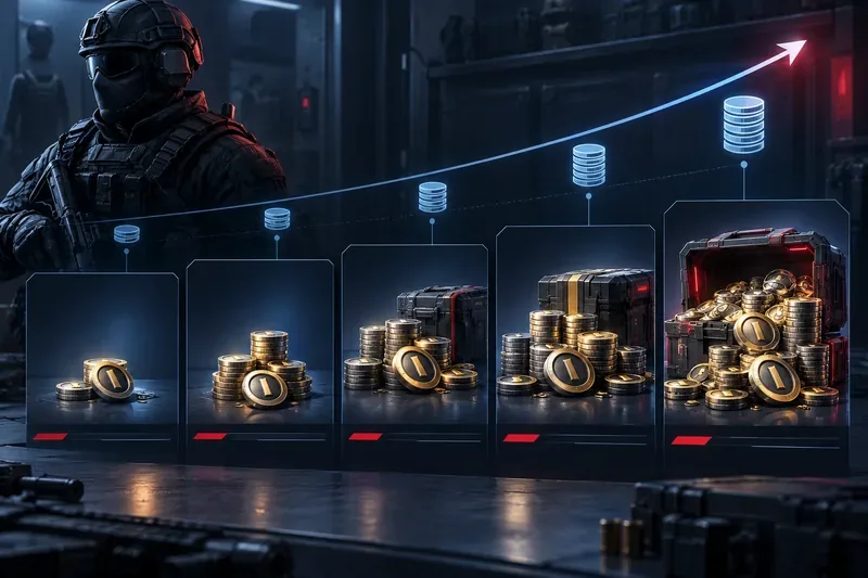 Five unlabeled credit-pack cards with progressively larger coin stacks beneath a rising line