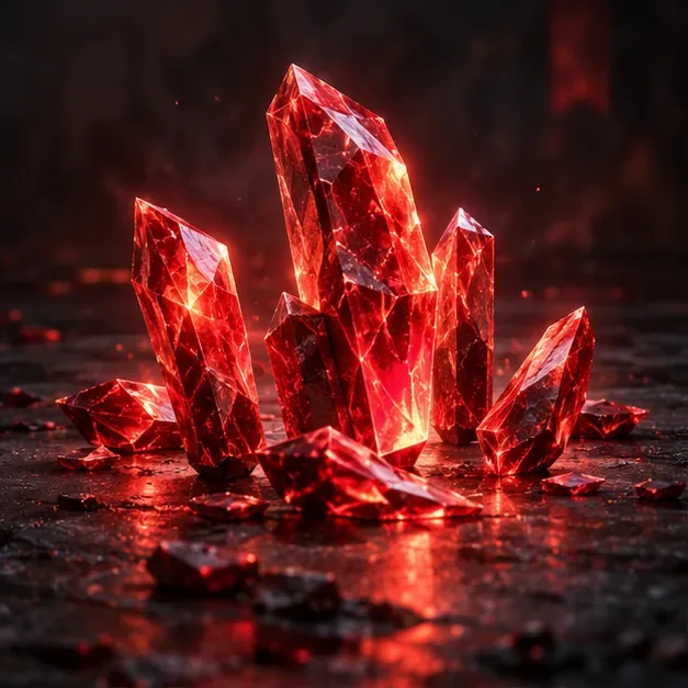 Glowing crimson crystal shards on a dark surface, representing Apex Legends Heirloom Shards
