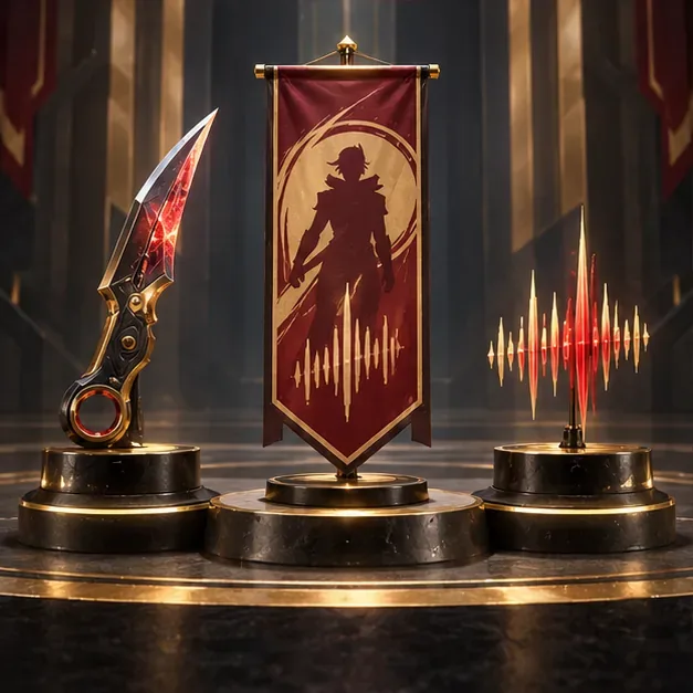 A generic melee cosmetic, character banner, and sound-wave motif displayed as examples of cosmetic customization