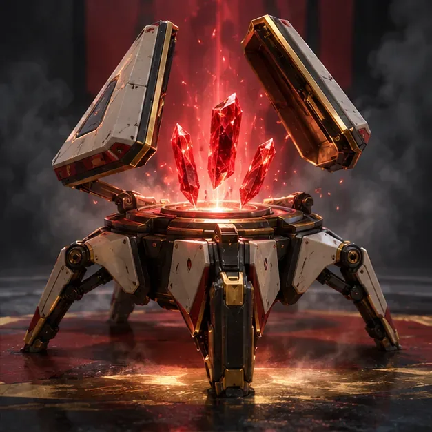A futuristic loot capsule opening around red crystal fragments, symbolizing a rare Apex Pack shard reward