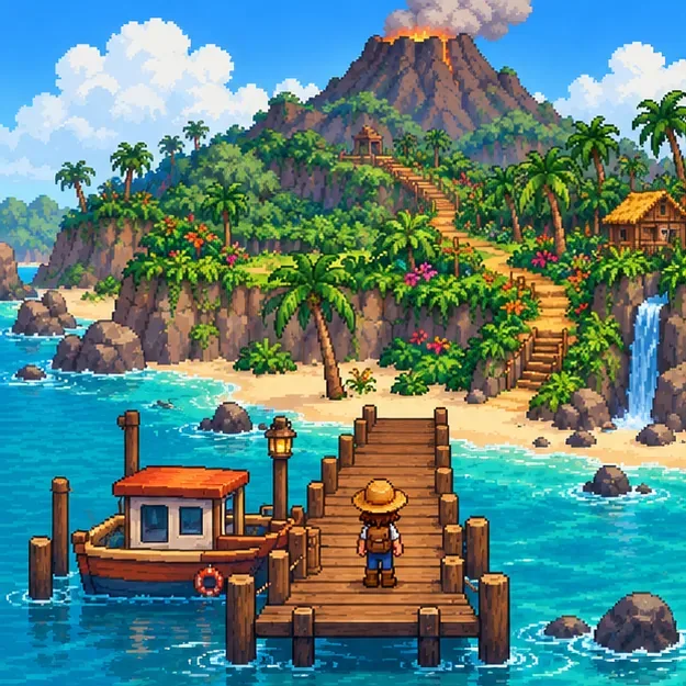 Pixel-art view of Ginger Island’s dock, tropical shoreline, winding path, and volcano in the distance.