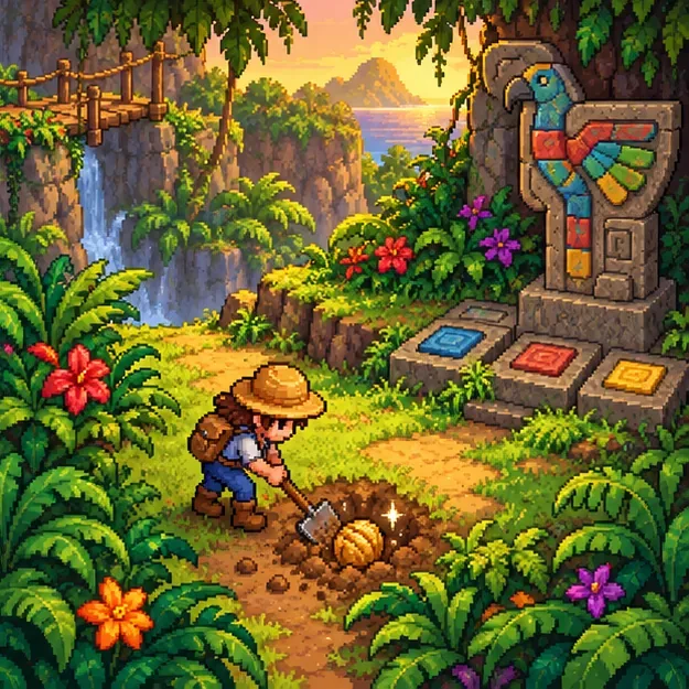 Pixel-art farmer using a hoe beside a partly buried Golden Walnut near an island puzzle shrine.