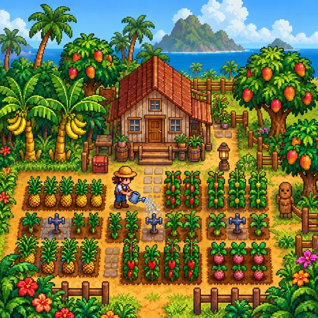 Pixel-art Island Farm with crop rows, sprinklers, banana and mango trees, and a small farmhouse.