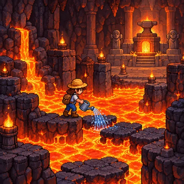Pixel-art adventurer using a watering can to create a path over lava inside the Volcano Dungeon.