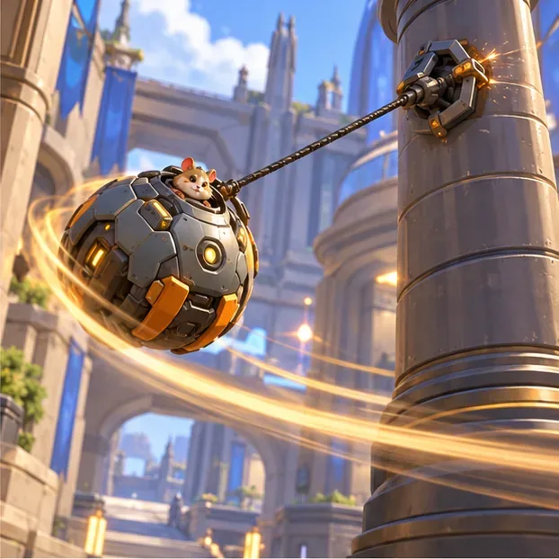 Wrecking Ball swings from a grappling claw attached to a pillar to build momentum before an engage