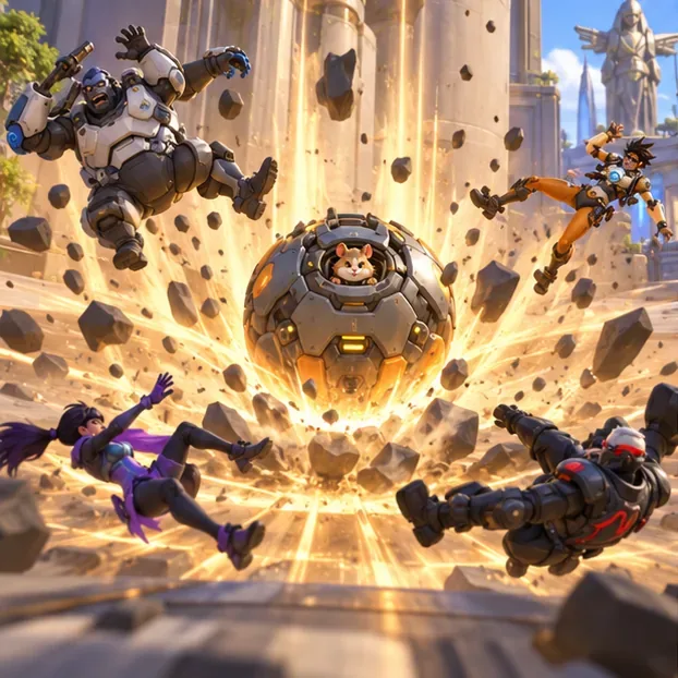 Wrecking Ball lands a Piledriver among several enemies, lifting and scattering them around the impact point
