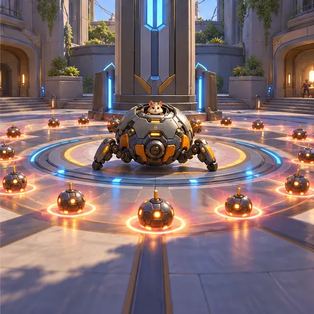 Wrecking Ball guards an objective surrounded by Minefield proximity mines across several approach lanes